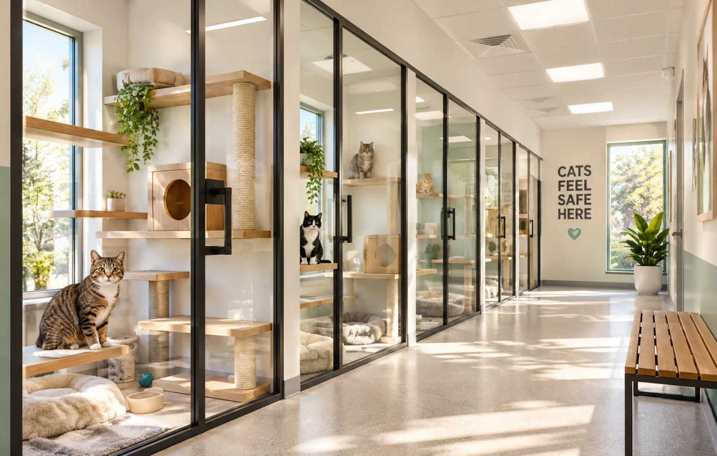 Bright glass-fronted cat condos with climbing shelves and perches