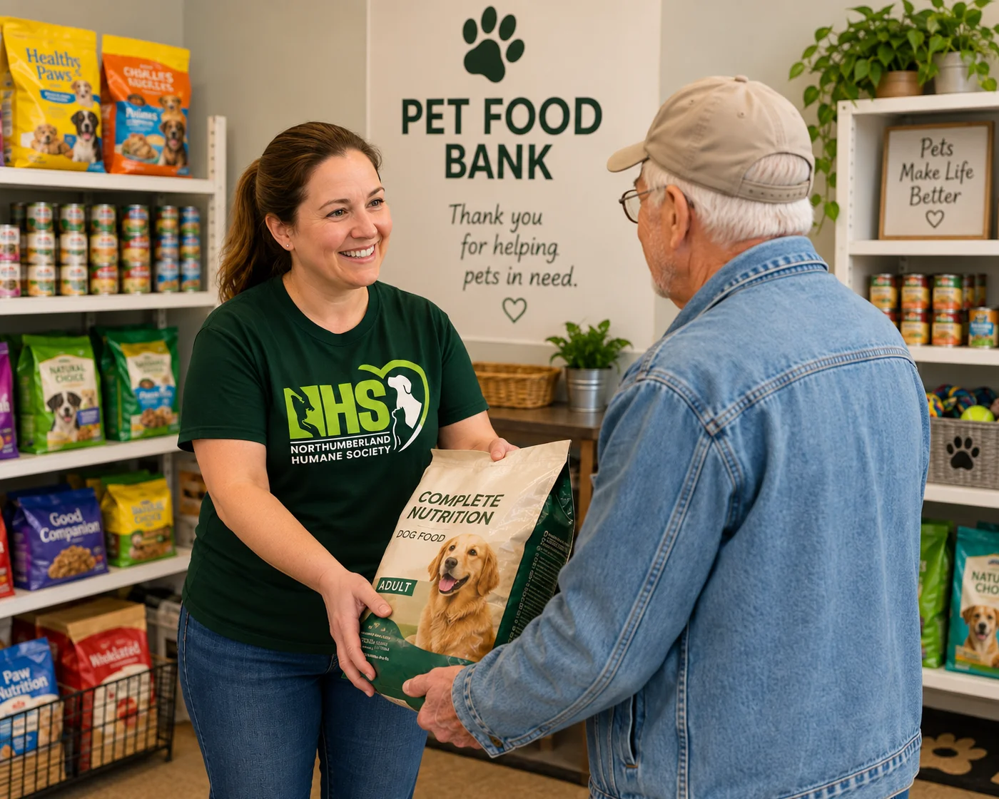 An NHS volunteer at the Pet Food Bank handing a bag of dog food to a community member