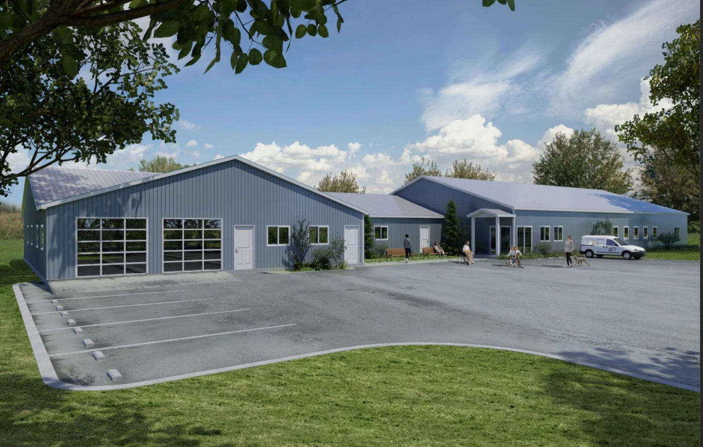 Rendering of the new NHS Animal Care & Adoption Centre with people and dogs in the parking lot