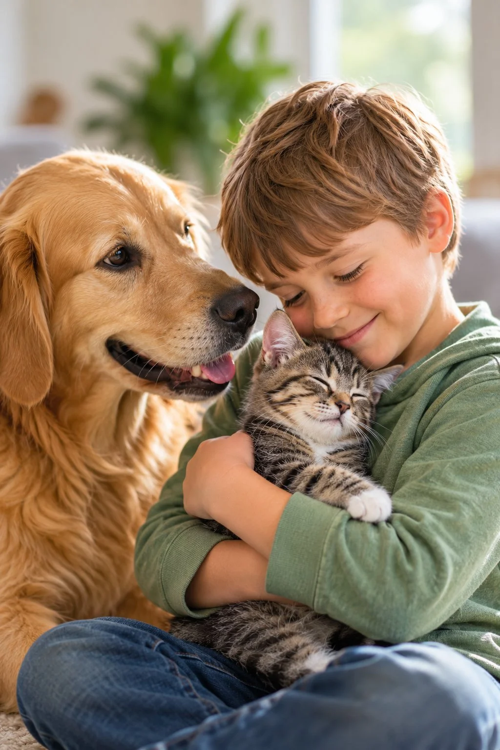 A boy hugging a golden retriever and a tabby kitten