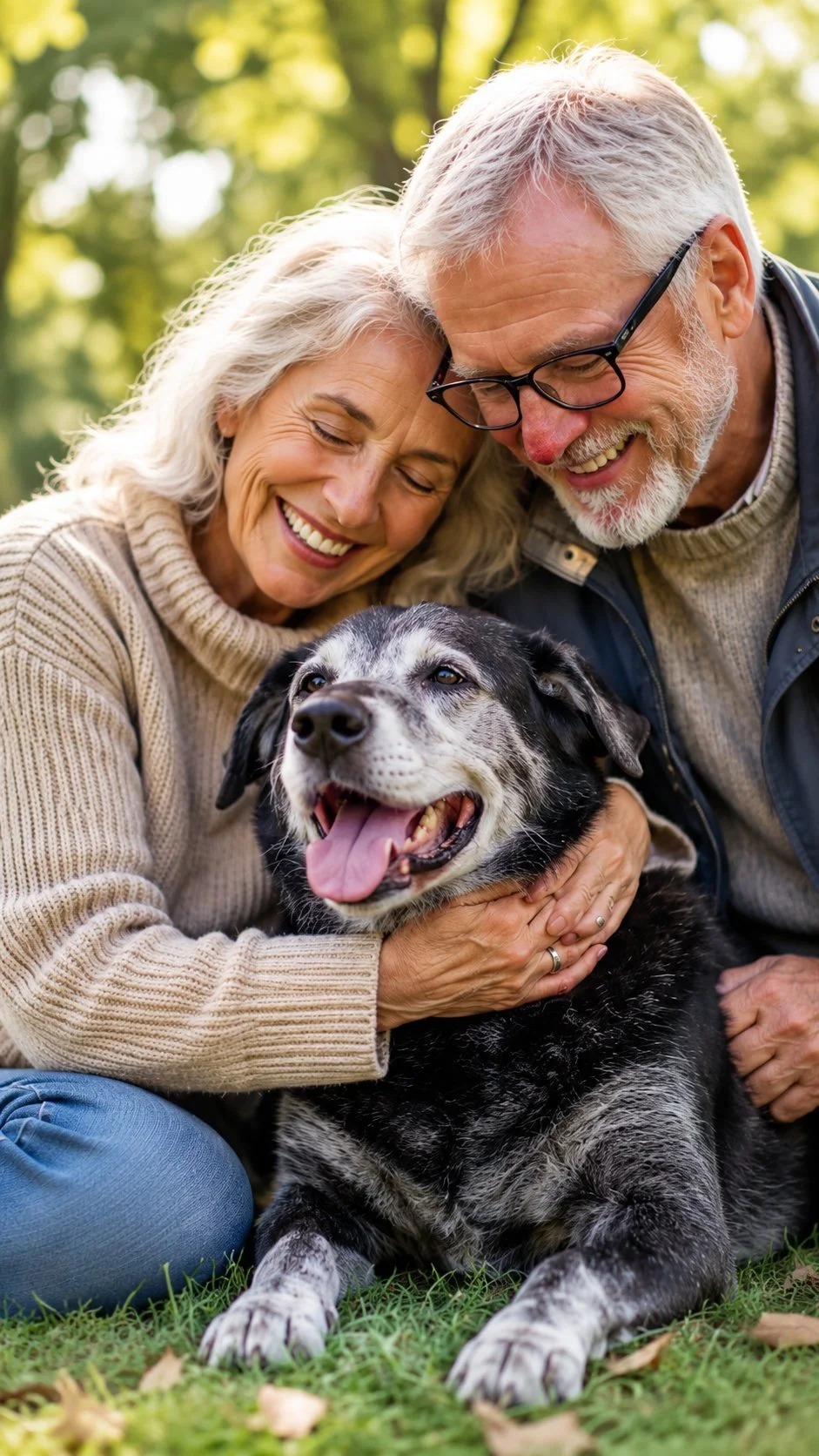 A smiling older couple embracing their senior dog outdoors