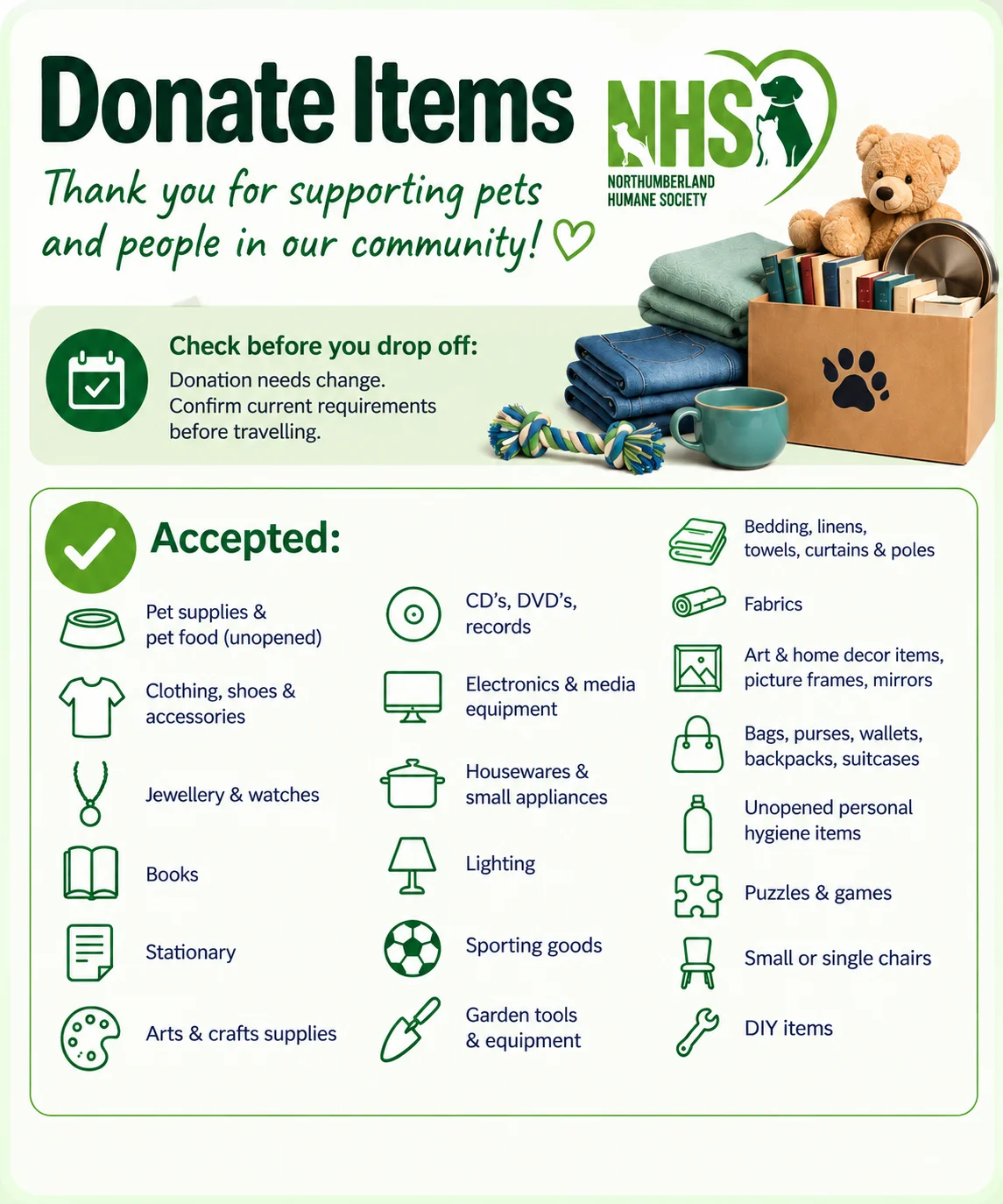 Accepted donation items: pet supplies, clothing, books, housewares, and more