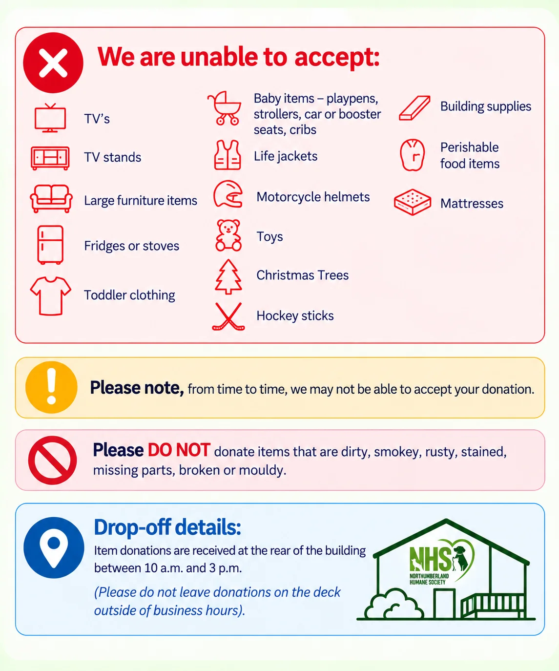 Items we cannot accept, and drop-off details